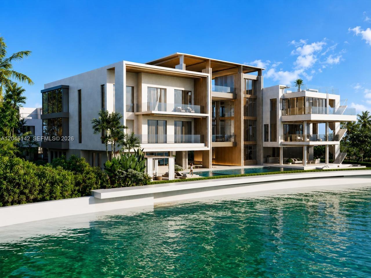 A rendering of a modern multi-story waterfront villa featuring a swimming pool and glass balconies — 1132 NE 84th St, Miami FL 33138, MIAMI, FL