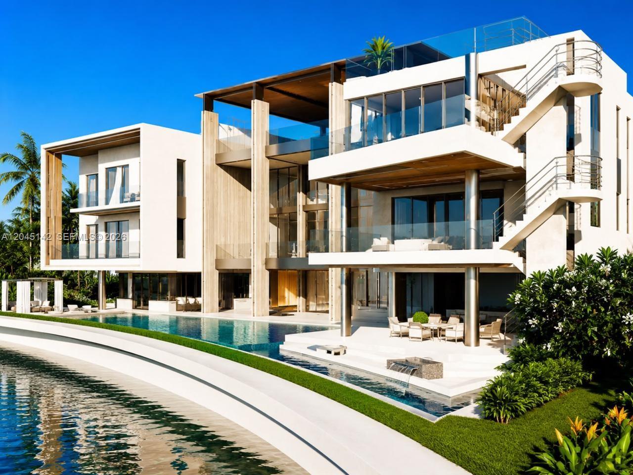This is a rendering of a modern multi-story luxury villa with a pool and waterfront — 1132 NE 84th St, Miami FL 33138, MIAMI, FL