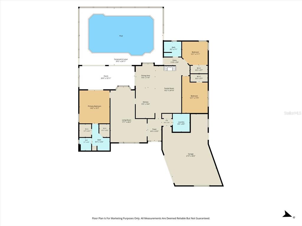 This is a floor plan of a house featuring a pool and a screened-in lanai — 45 HOLLYHOCK COURT, HOMOSASSA, FL