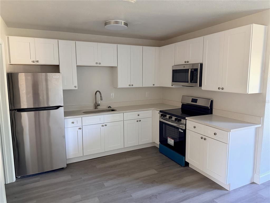 A kitchen features white cabinets, stainless steel appliances, and light gray wood-look flooring — 1869 W FREEMAN PLACE, CITRUS SPRINGS, FL