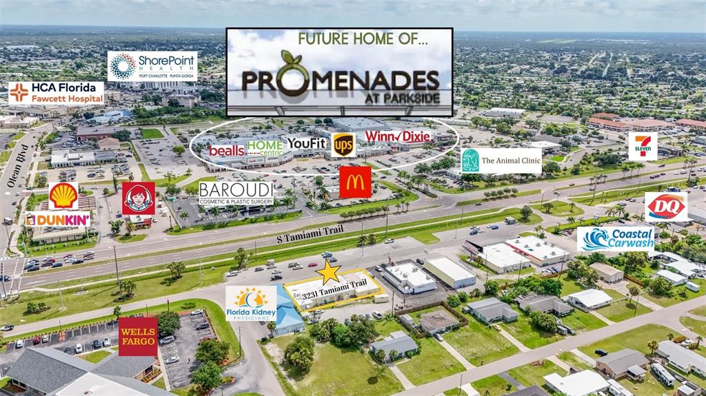 This aerial map shows a commercial property location highlighted with a yellow star — 3231 TAMIAMI TRAIL UNIT A-G, PORT CHARLOTTE, FL