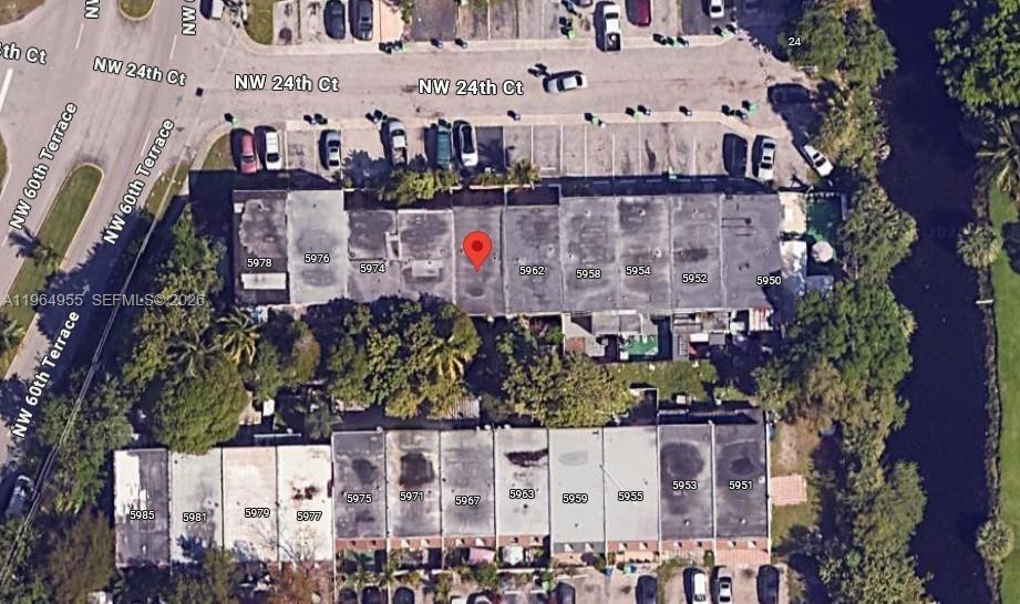 This is an aerial map view of a residential townhouse complex with parking areas — 5966 NW 24th Ct, Sunrise FL 33313, SUNRISE, FL