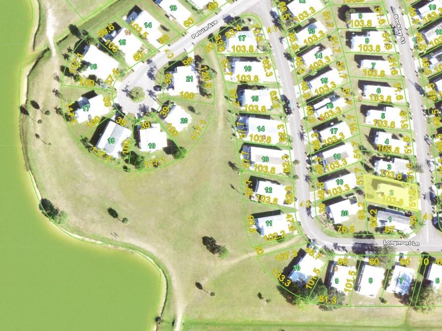 This is an aerial map showing a residential neighborhood with houses, streets, and a pond — 7411 BECKLEY STREET, PORT CHARLOTTE, FL