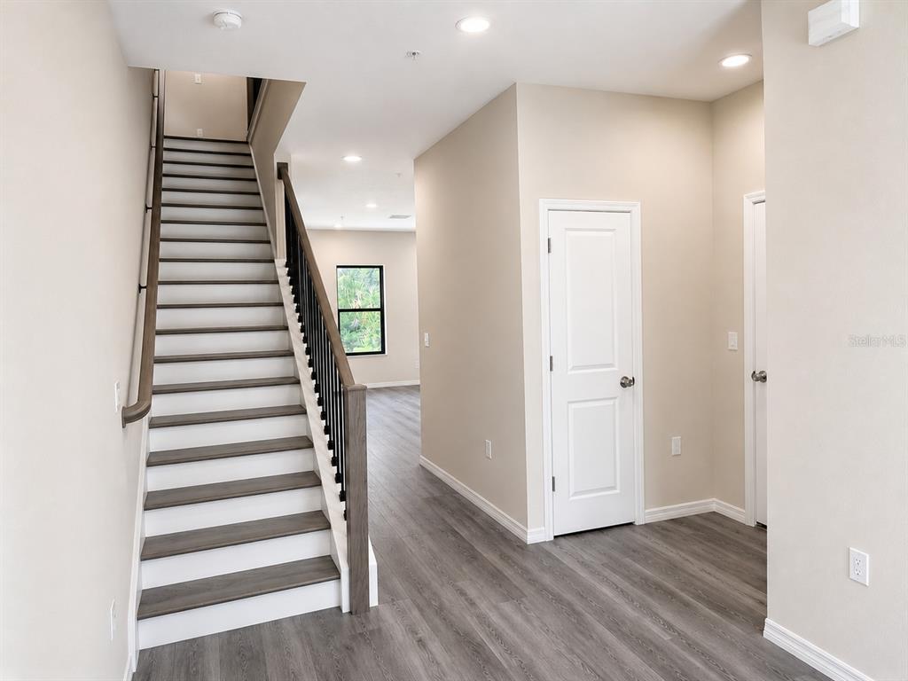 A staircase with dark wood treads and a black railing sits beside two white doors — 4347 CAMBIO GARDENS COURT, TAMPA, FL