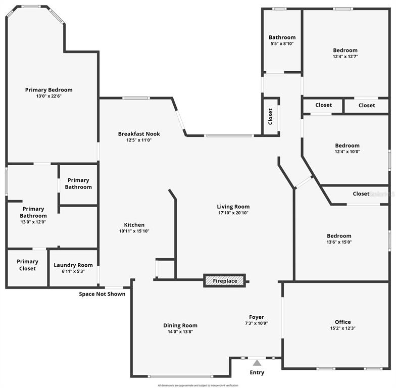 This is a floor plan of a single-story house with four bedrooms and an office — 625 QUAIL LAKE DRIVE, DEBARY, FL