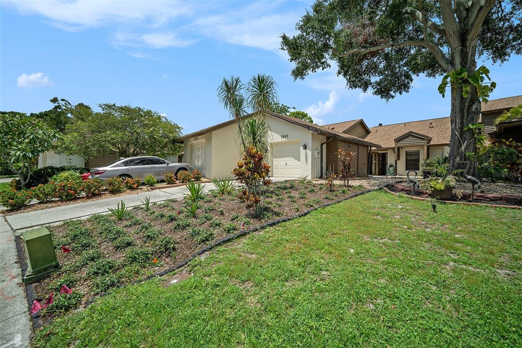 A single-story house with a beige exterior, a garage, and a landscaped front yard — 1923 BAYSHORE COURT, SAFETY HARBOR, FL
