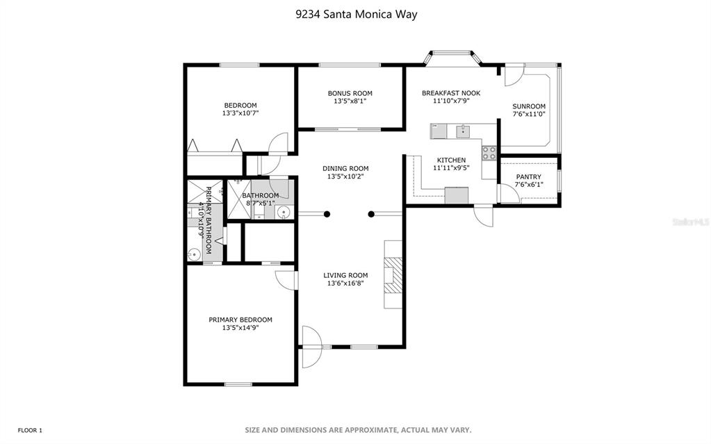 This is a floor plan for a single-story home featuring two bedrooms and a sunroom — 9234 SANTA MONICA WAY, NEW PORT RICHEY, FL