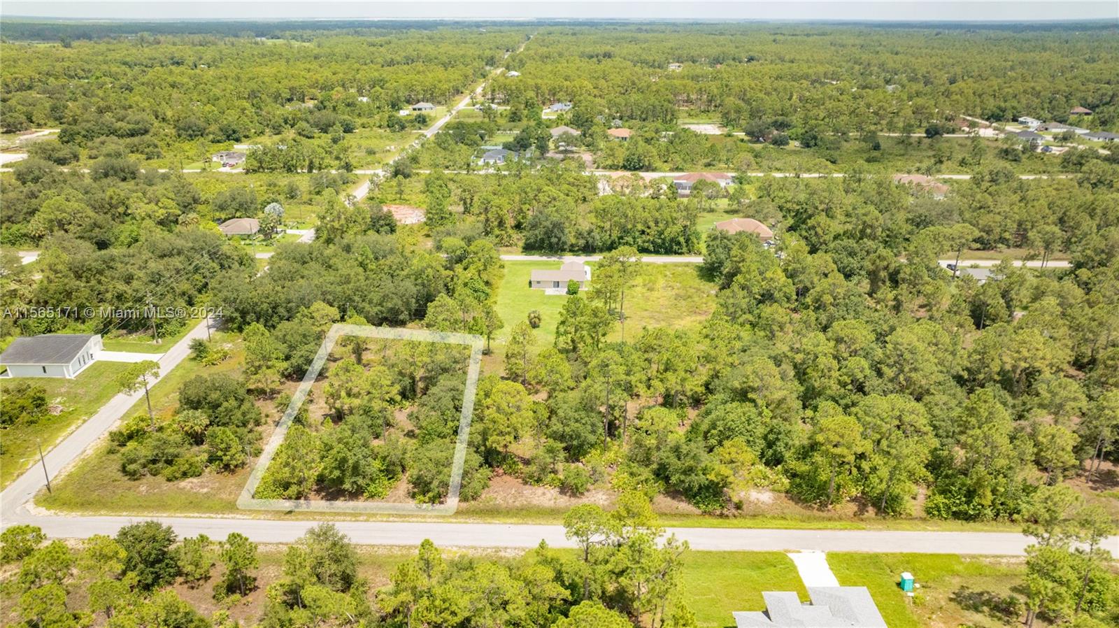 An aerial view shows a rectangular vacant lot outlined in white amidst a wooded area — 1420 Clayton Ave, Lehigh Acres FL 33972, LEHIGH ACRES, FL