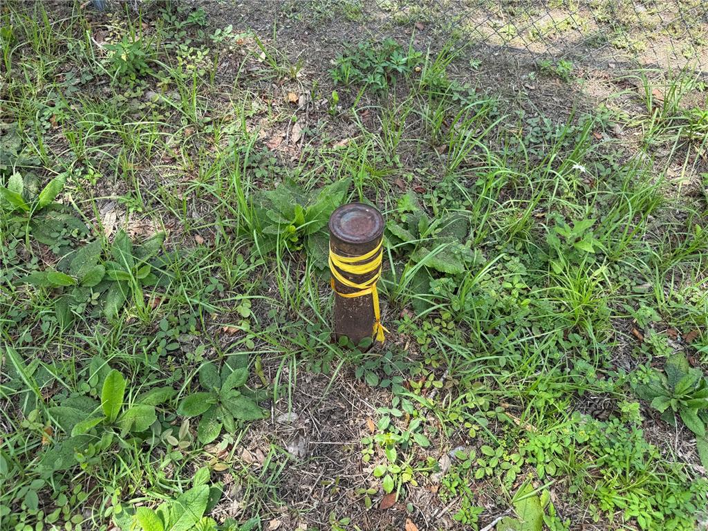 A metal survey marker with yellow tape stands in a grassy yard near a fence — 11365 S ANN POINT, HOMOSASSA, FL