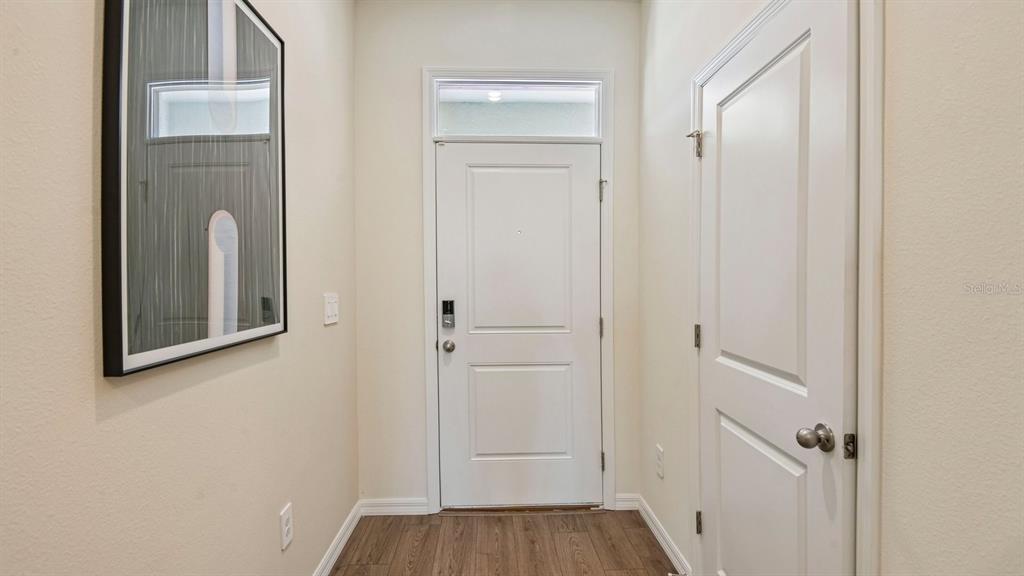 An entryway features a white front door, wood-look flooring, and a framed wall art piece — 8033 WILDLIFE HAVEN STREET, TAMPA, FL
