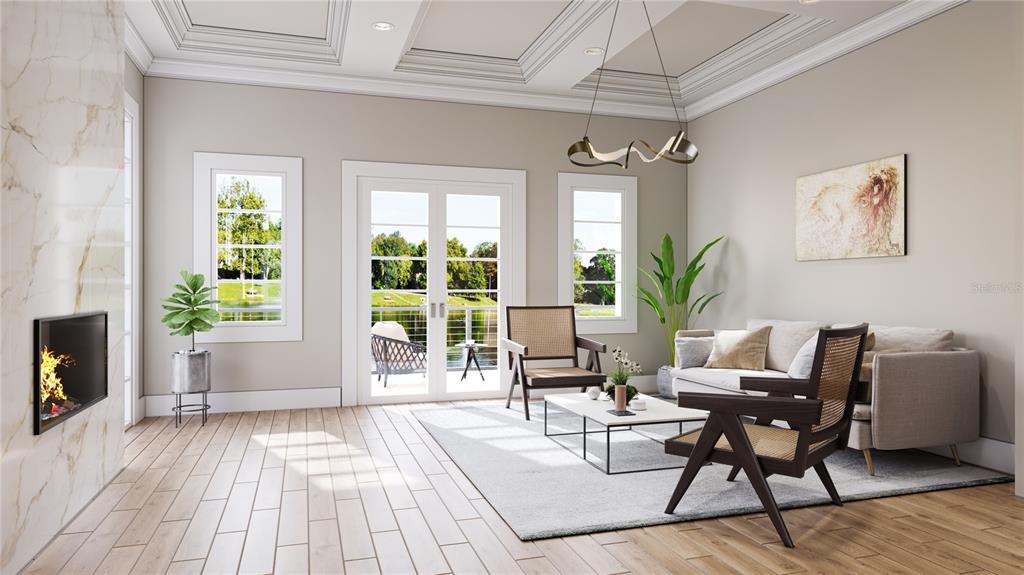 This is a rendering of a living room with a fireplace, French doors, and furniture — 26 LAKE HOLLINGSWORTH DRIVE, LAKELAND, FL