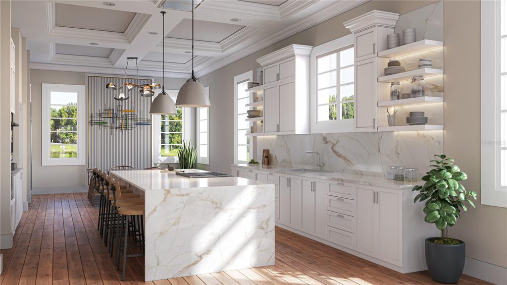 This rendering shows a modern kitchen with white cabinetry, marble countertops, and a large island — 26 LAKE HOLLINGSWORTH DRIVE, LAKELAND, FL