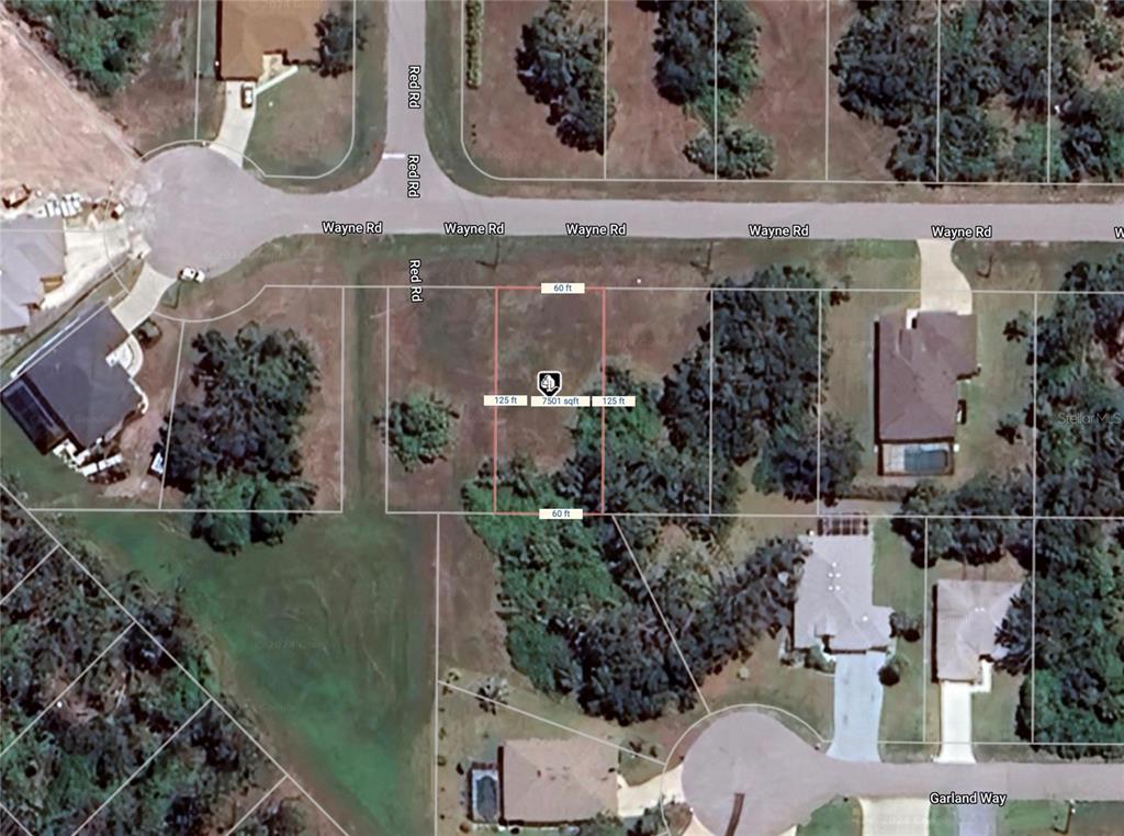This is an aerial map showing a vacant rectangular residential lot outlined in red — 109 WAYNE ROAD, ROTONDA WEST, FL