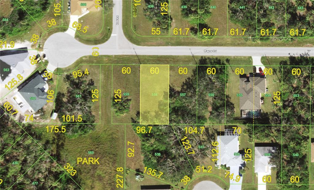 This is a map showing a vacant residential lot highlighted in yellow among other properties — 109 WAYNE ROAD, ROTONDA WEST, FL