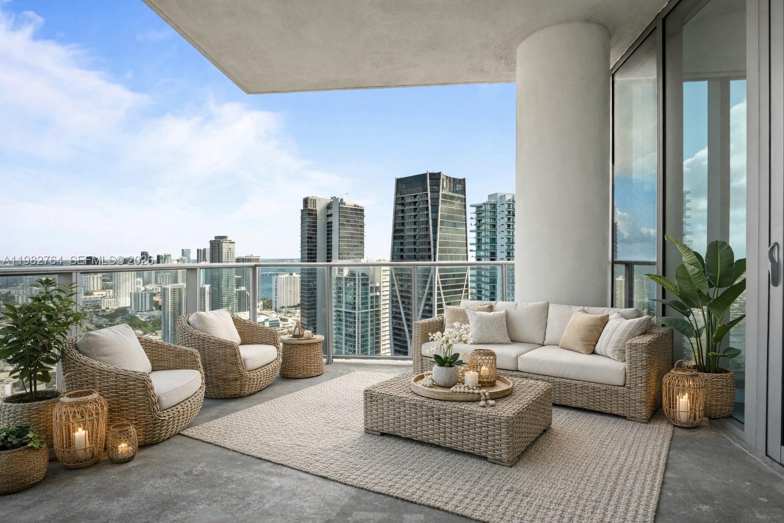 A high-rise balcony features wicker patio furniture, a neutral rug, and panoramic city views — 851 NE 1st Ave # 4801, Miami FL 33132, MIAMI, FL