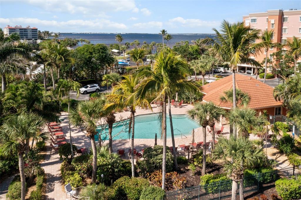An aerial view of a swimming pool surrounded by palm trees and a residential building — 14815 LAGUNA DRIVE UNIT 702, FORT MYERS, FL