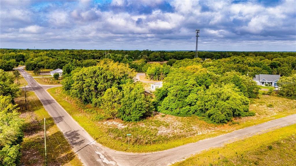 An aerial view shows a corner lot with trees and grass at a road intersection — GUAVA TERRACE, OCKLAWAHA, FL