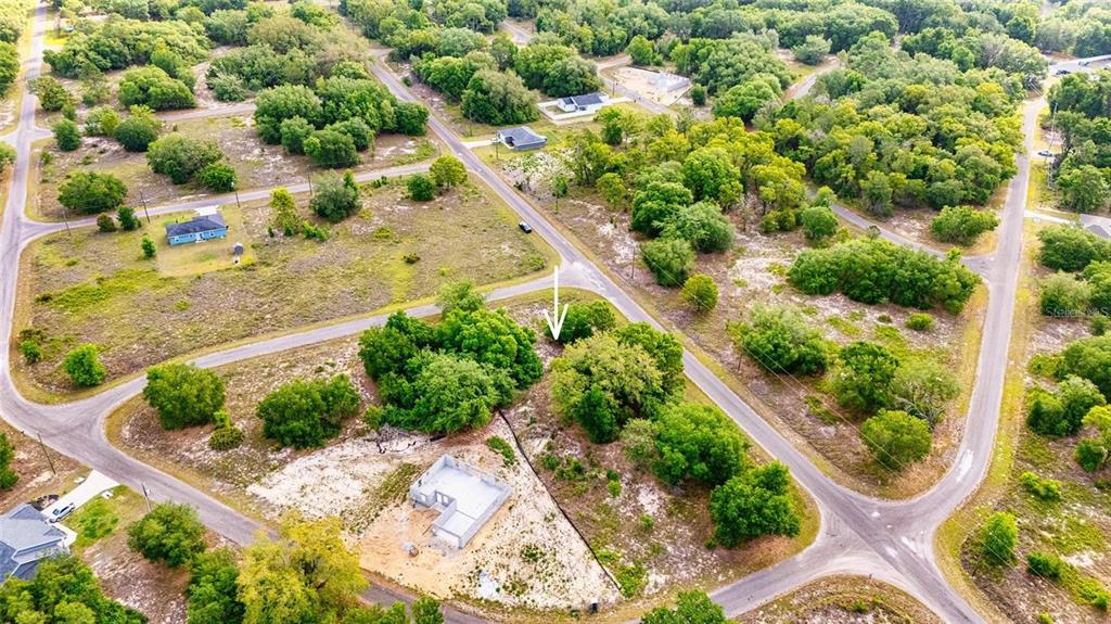 An aerial view shows a vacant lot with a concrete foundation and surrounding trees — GUAVA TERRACE, OCKLAWAHA, FL