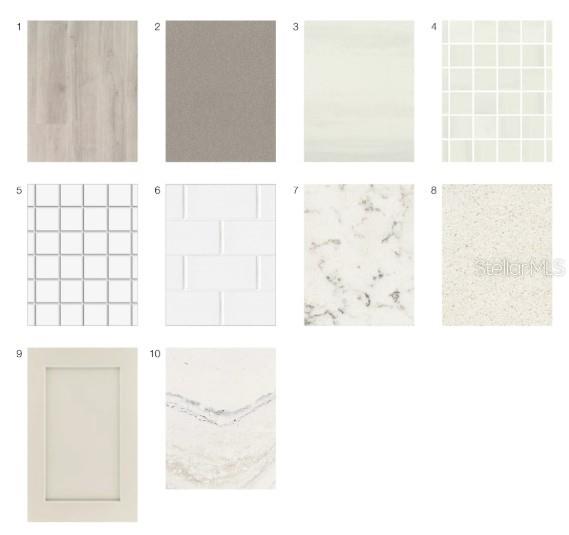 This image displays a grid of ten material samples for interior design finishes — 26201 ATRANI DRIVE, ENGLEWOOD, FL