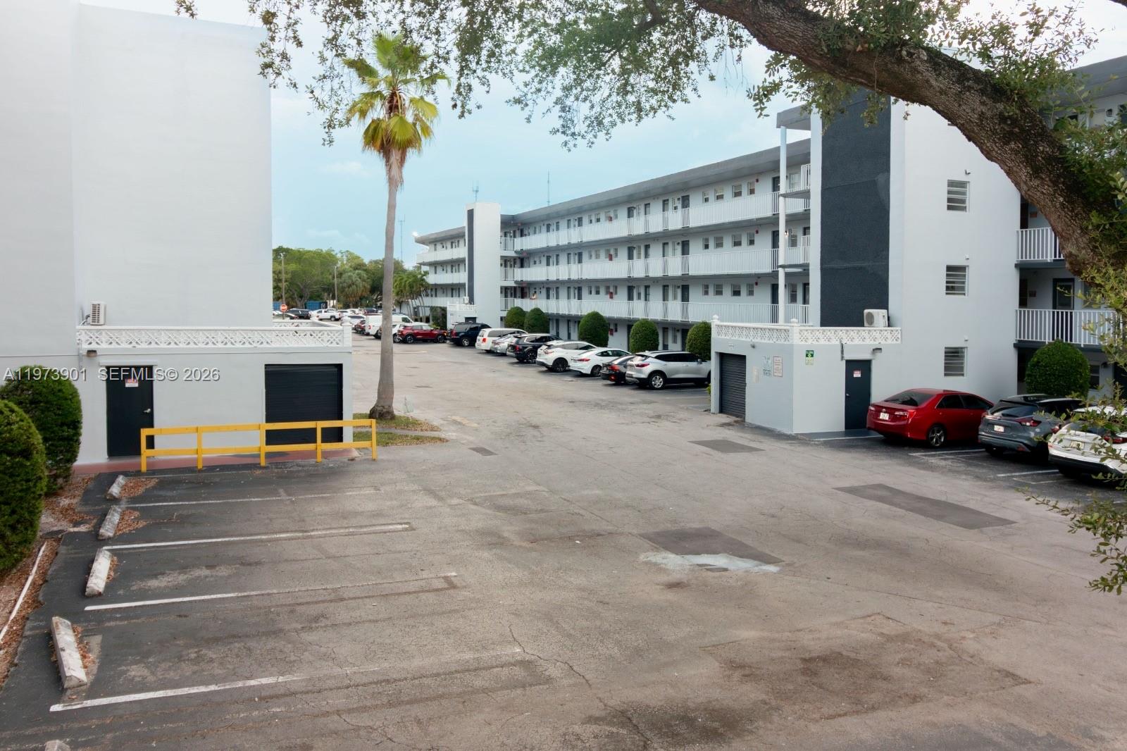 An exterior view of an apartment complex with a parking lot and palm tree — 447 NE 195th St # 217, Miami FL 33179, MIAMI, FL