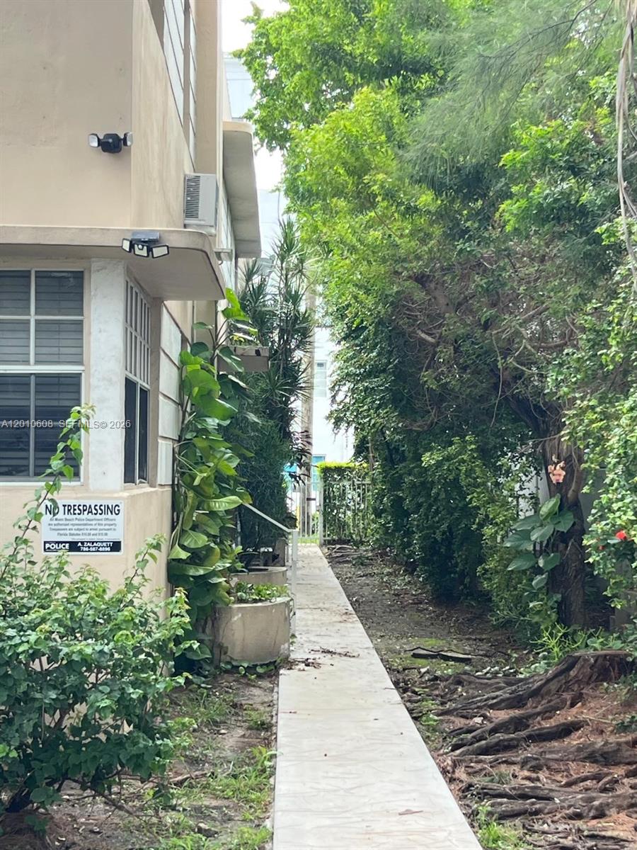 A narrow concrete walkway runs between a building exterior and dense trees and foliage — 1309 Euclid Ave # 7, Miami Beach FL 33139, MIAMI BEACH, FL
