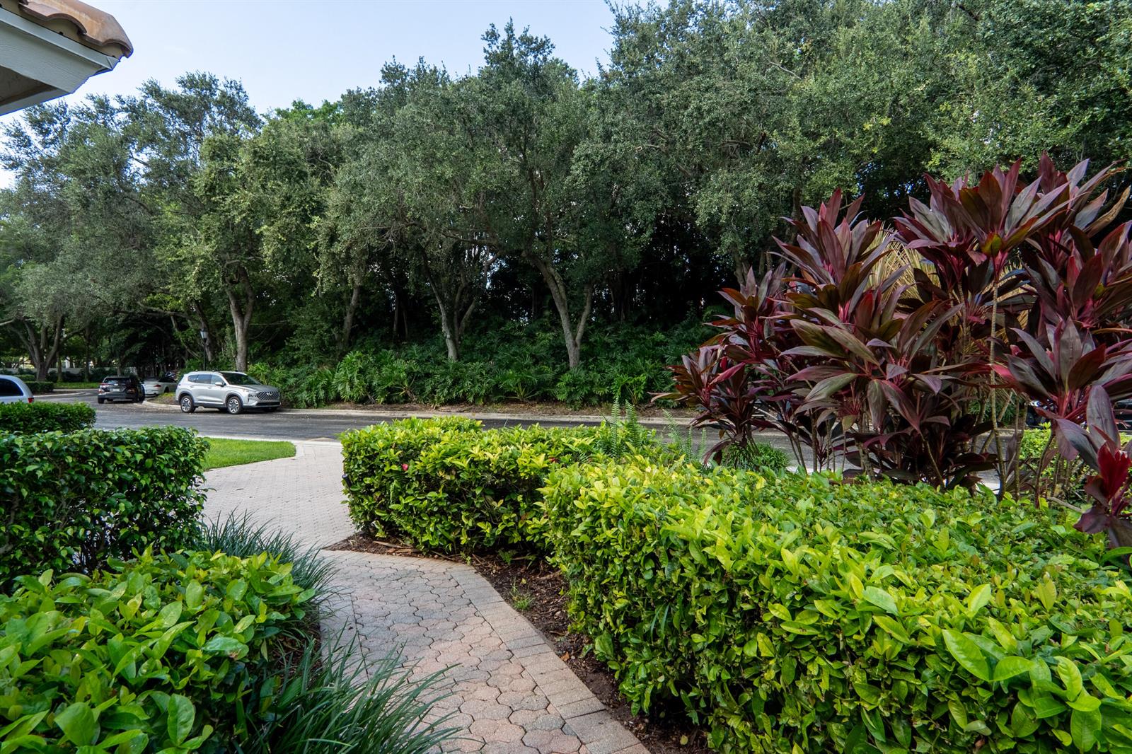 A paved walkway leads past manicured hedges and tropical plants toward a street with cars — 6670 NW 27th Avenue, Boca Raton FL 33496, BOCA RATON, FL