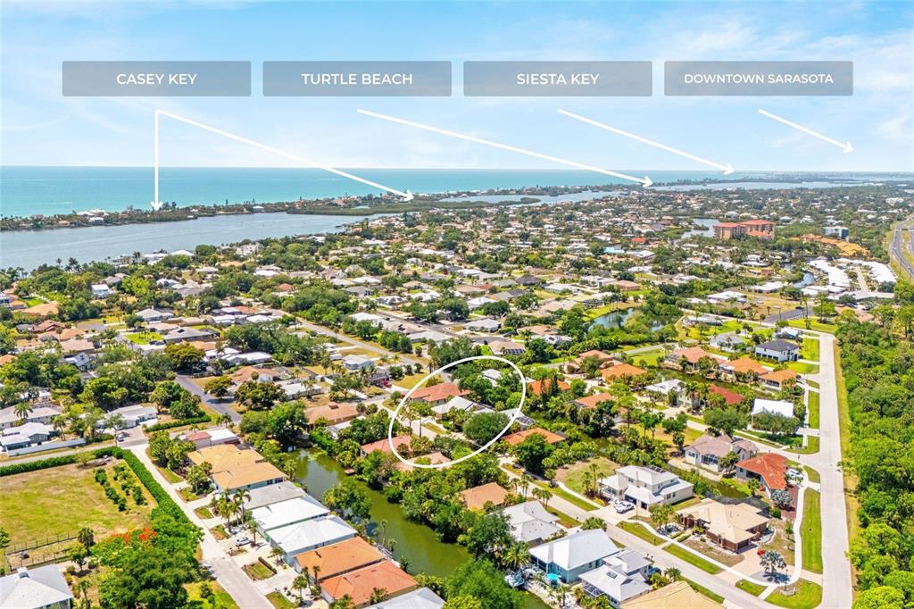 This aerial view shows a residential neighborhood near the coast with a highlighted house — 400 TORTUGA DRIVE, NOKOMIS, FL
