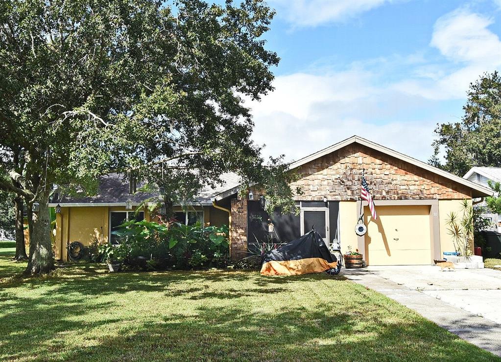 A single-story house with a shingled gable, yellow siding, and a large tree in front — 31 CHIP COURT, KISSIMMEE, FL