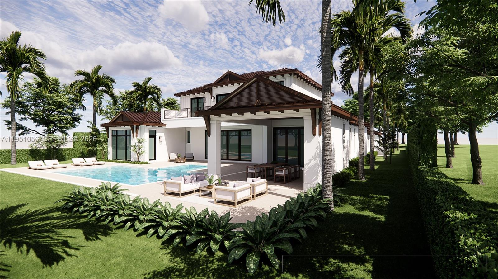 This is a rendering of a white two-story house with a pool and covered patio — 127 Quayside Dr, Jupiter FL 33477, JUPITER, FL