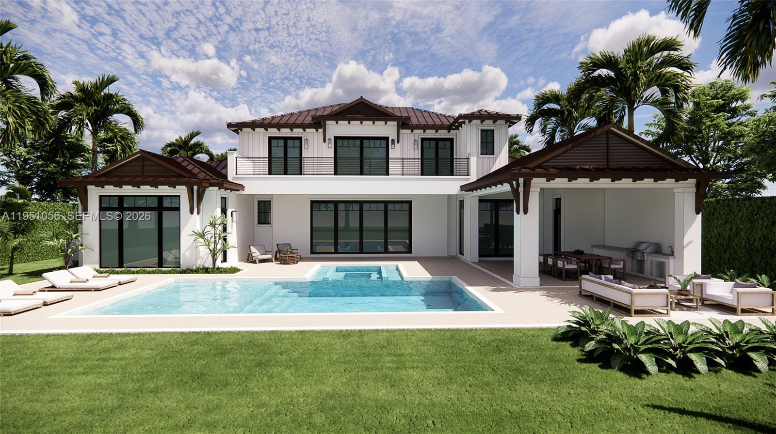 This is a rendering of a two-story house exterior featuring a pool and covered patio — 127 Quayside Dr, Jupiter FL 33477, JUPITER, FL