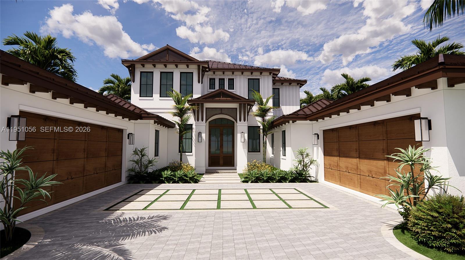 This is a rendering of a two-story house exterior with a courtyard and two garages — 127 Quayside Dr, Jupiter FL 33477, JUPITER, FL