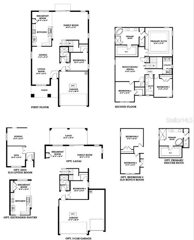 This image displays floor plans for a two-story residential home with various optional configurations — 8056 28TH AVENUE N, ST PETERSBURG, FL