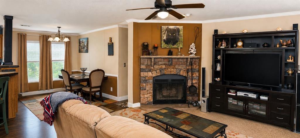 A living room features a stone fireplace, a large entertainment center, and an adjacent dining area — 11005 SE 165TH TERRACE ROAD, OCKLAWAHA, FL