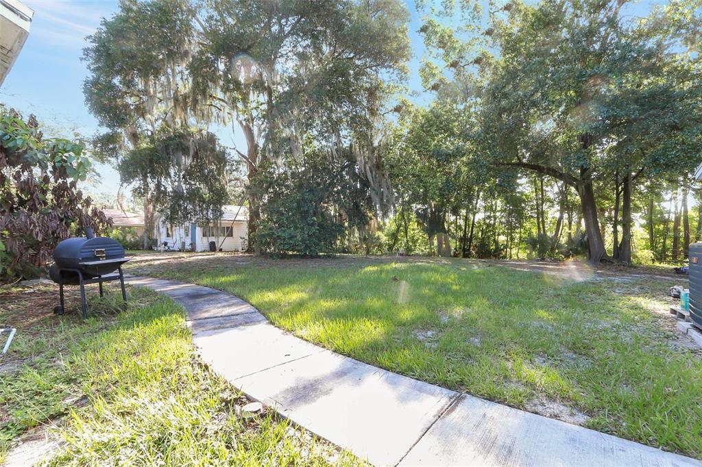 A backyard features a curved concrete walkway, a charcoal grill, and several large, moss-draped trees — 917 OXFORD STREET, LONGWOOD, FL