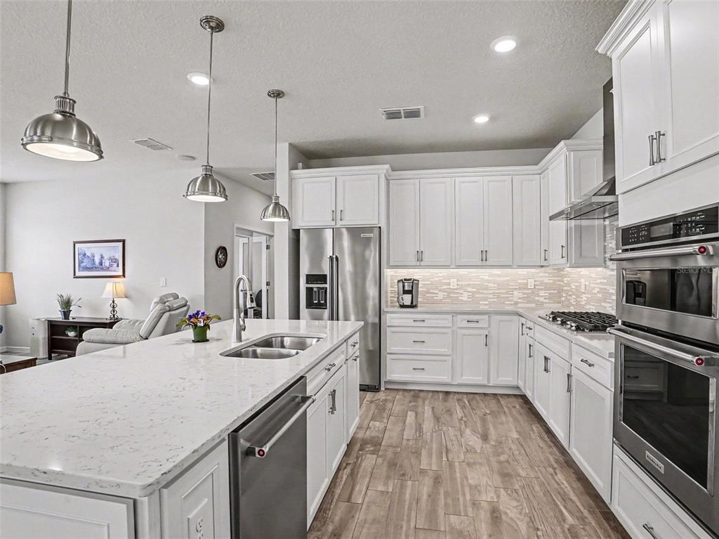 A modern kitchen features white cabinetry, stainless steel appliances, a quartz island, and wood-look flooring — 6261 CITRUS GROVE COURT, ST CLOUD, FL