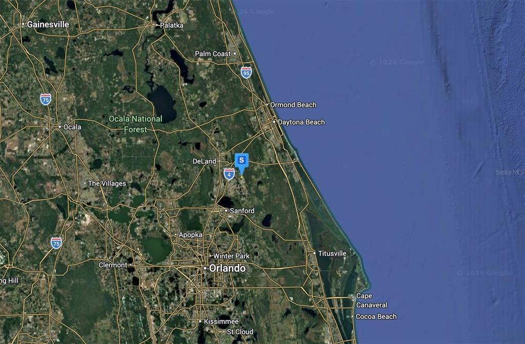 This is a satellite map showing the region of Central Florida surrounding Orlando — 2700 CAPTAIN DRIVE, DELTONA, FL