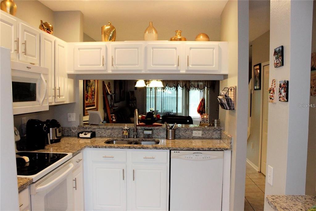 A kitchen with white cabinets, granite countertops, and a pass-through window overlooking the living area — 1247 REDONDO WAY UNIT 1247, WESLEY CHAPEL, FL