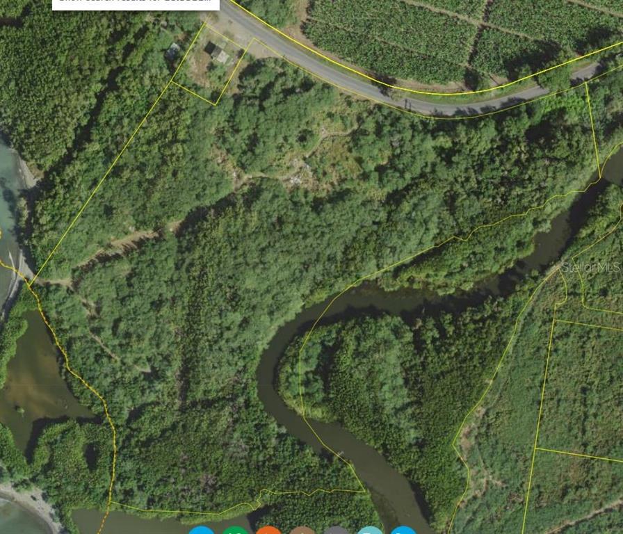 This aerial map shows a wooded property bordered by a river and a road — 92 CARRETERA 1, SALINAS, PR