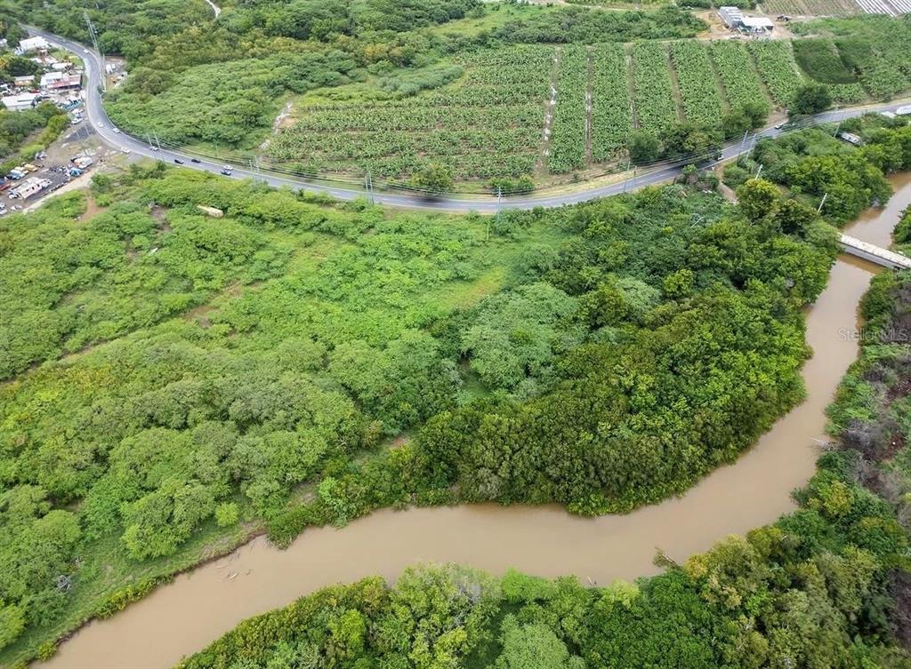 An aerial view shows a winding river, dense green vegetation, and a nearby road — 92 CARRETERA 1, SALINAS, PR