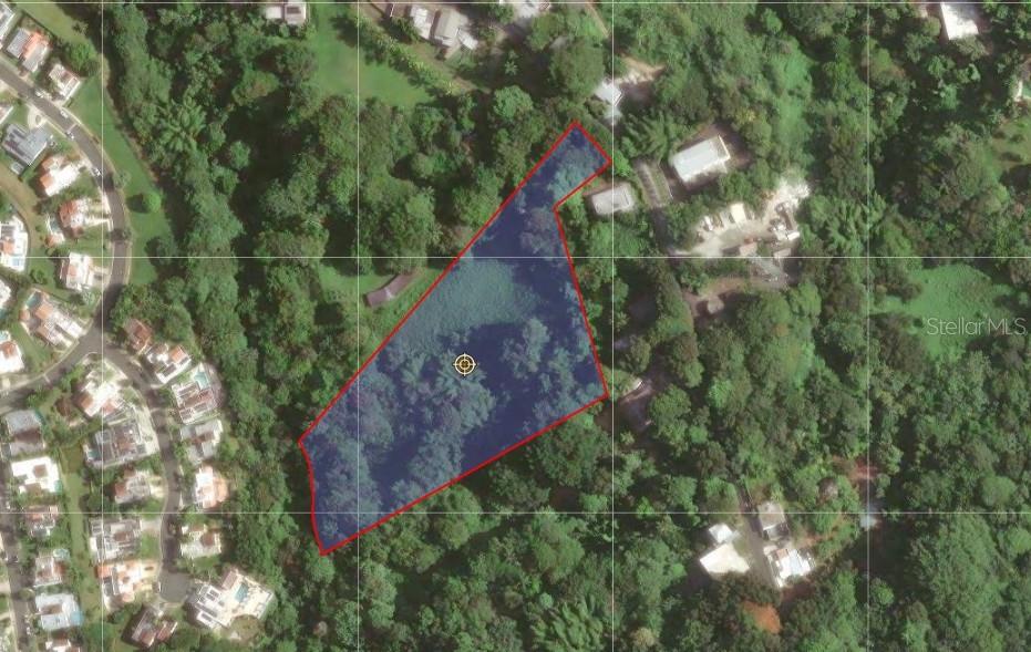 An aerial view shows a wooded, irregularly shaped plot of land outlined in red — PR 176 KM6.6 CUPEY ALTO, SAN JUAN, PR
