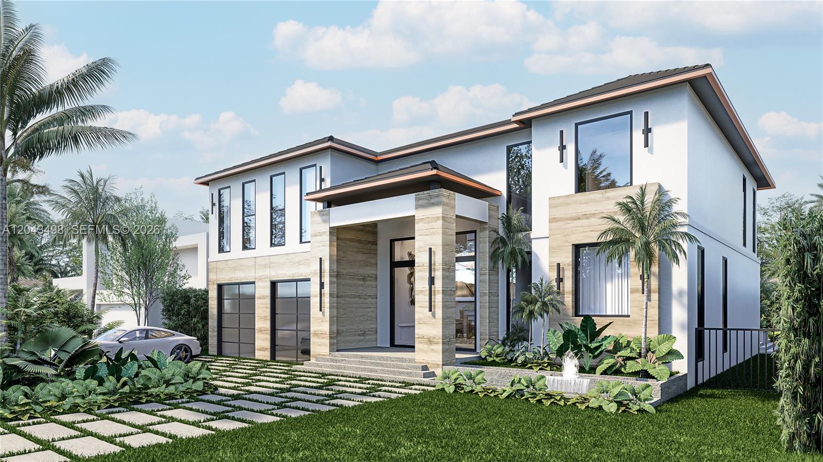 This is a rendering of a modern two-story house with stone accents and a driveway — 3207 Robbins Rd, Pompano Beach FL 33062, POMPANO BEACH, FL