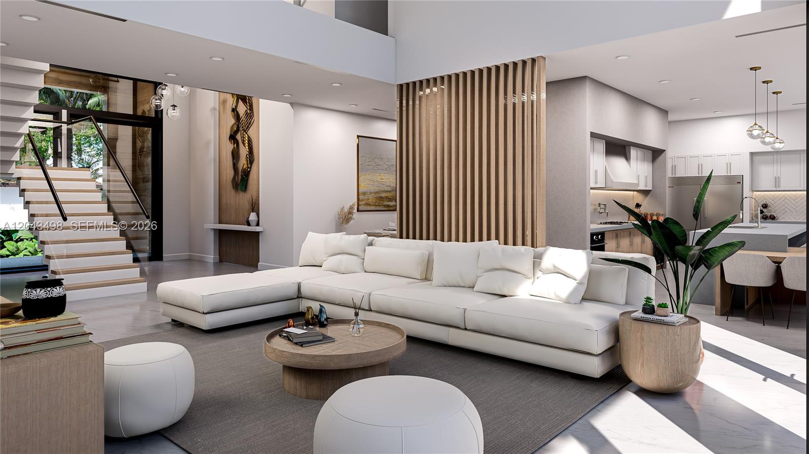 This is a rendering of a modern open-concept living room featuring a white sectional sofa — 3207 Robbins Rd, Pompano Beach FL 33062, POMPANO BEACH, FL