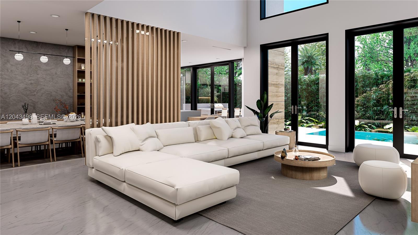 This rendering shows a modern living room with a white sectional, wood slats, and pool view — 3207 Robbins Rd, Pompano Beach FL 33062, POMPANO BEACH, FL