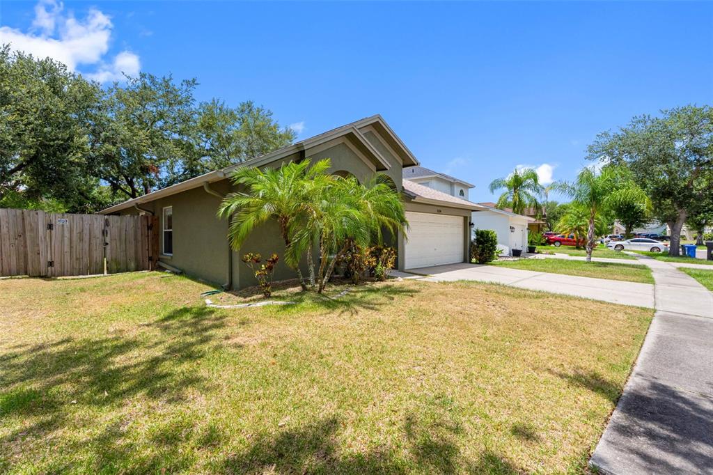 A single-story house with a tan stucco exterior, a two-car garage, and a palm tree — 1534 SCOTCH PINE DRIVE, BRANDON, FL