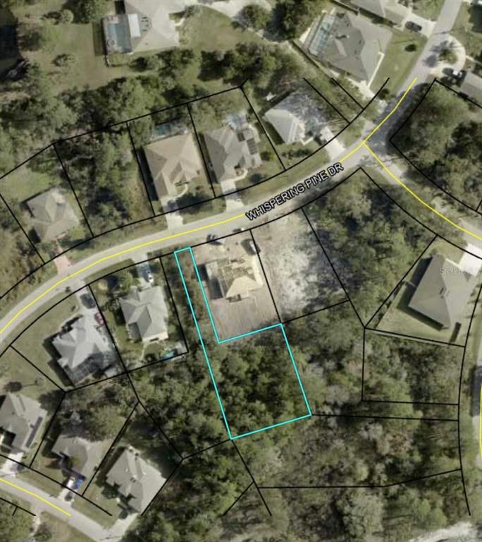 This is an aerial map showing a residential lot outlined in blue on Whispering Pine Drive — 65 WHISPERING PINE DRIVE, PALM COAST, FL