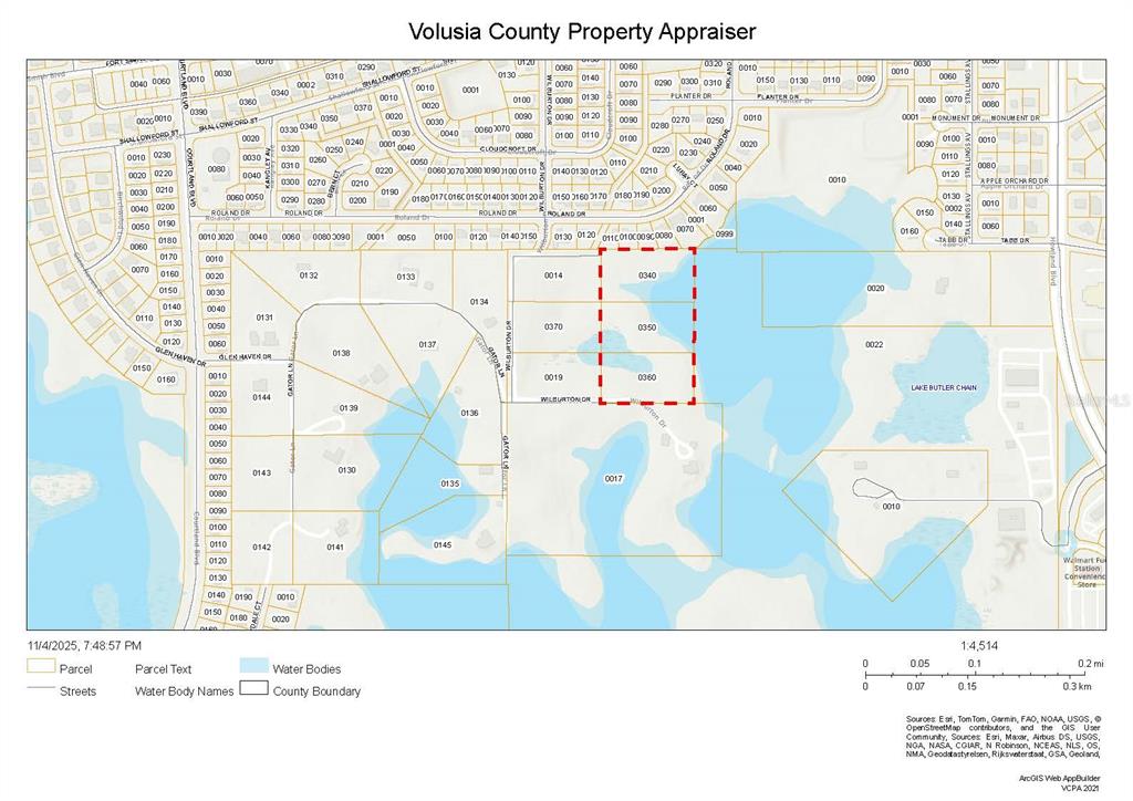 This is a property tax map showing parcel boundaries and water bodies in Volusia County — TBD WILBURTON AVENUE, DELTONA, FL