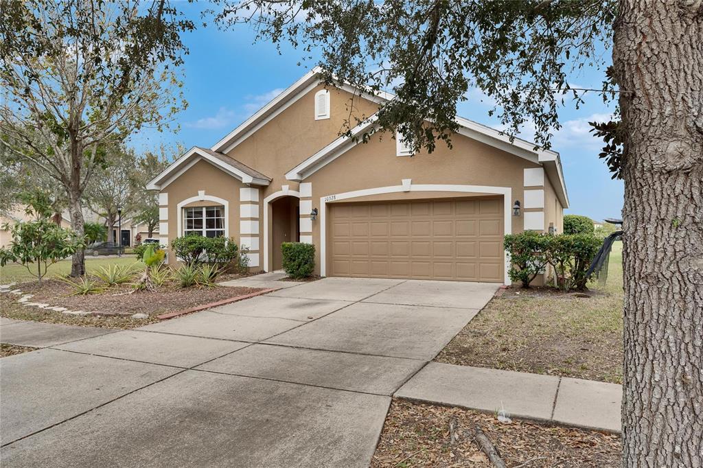 A single-story tan house with a two-car garage and a concrete driveway — 10328 CELTIC ASH DRIVE, RUSKIN, FL