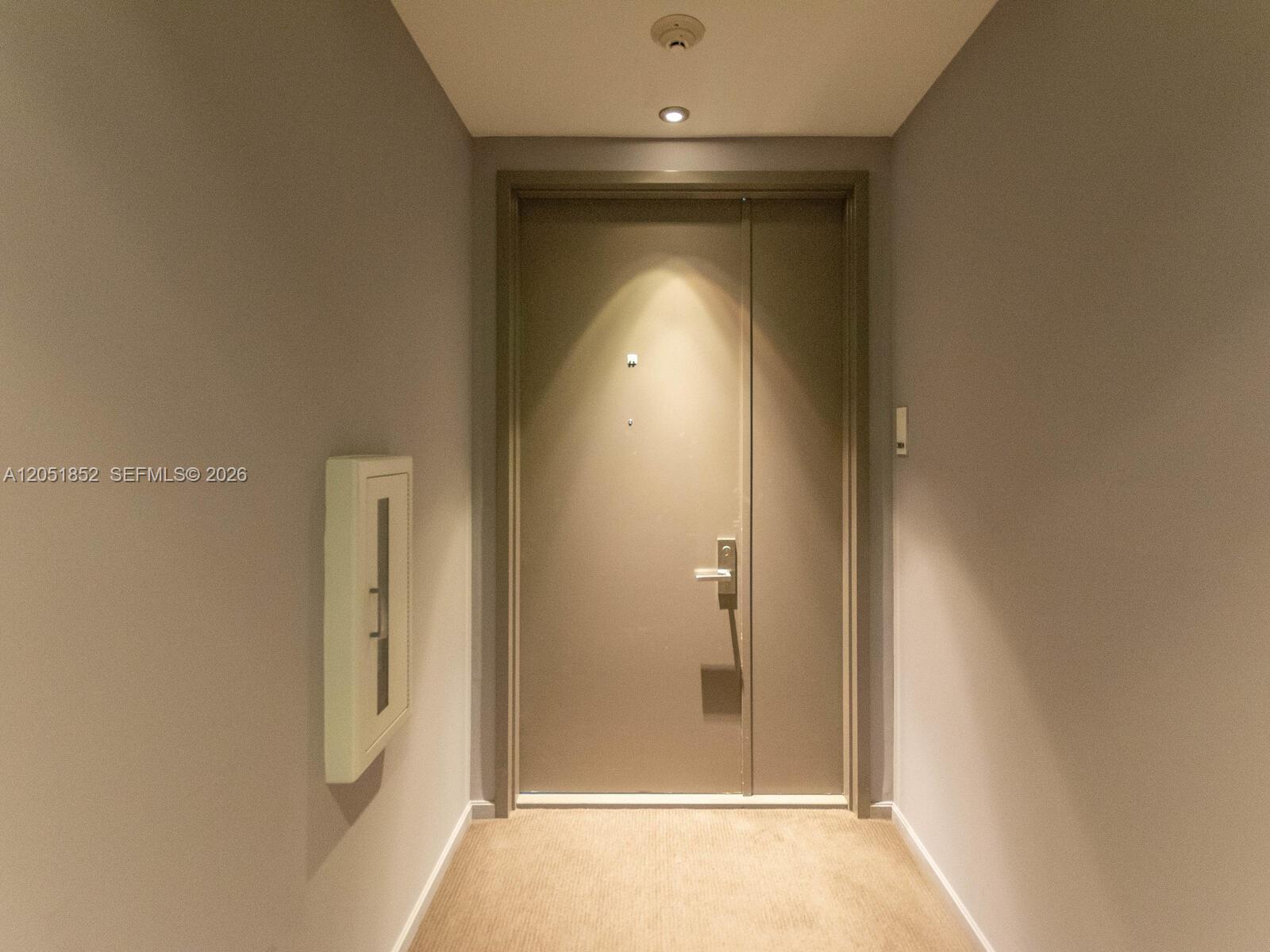 A hallway with beige walls, carpeted flooring, and a single brown door — 1300 Brickell Bay Dr # 3804, Miami FL 33131, MIAMI, FL