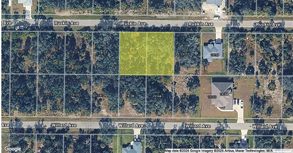 This is a satellite map view showing two highlighted adjacent vacant lots on a street — 19135 RUSKIN AVENUE, PORT CHARLOTTE, FL