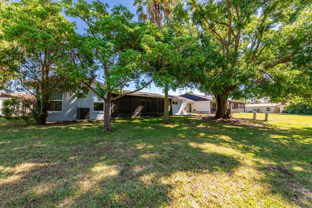 The exterior of a house with a screened-in patio and large trees in the backyard — 10330 LICORICE WAY, ORLANDO, FL